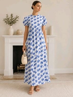 Vintage Handmade Cool Blue Ditsy Floral Maxi Dress Size M Daisy Kingdom Babydoll